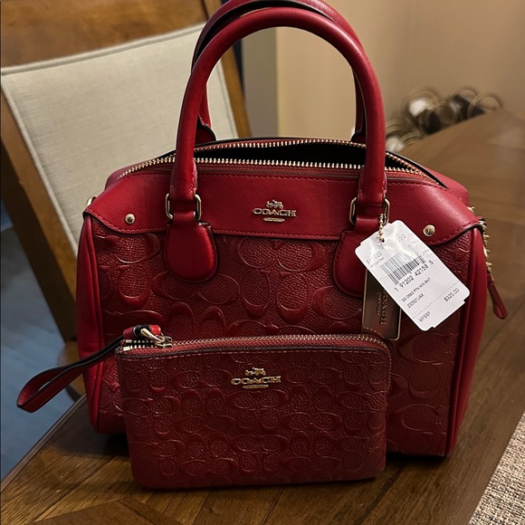 Coach Red Embossed Leather Bag and Wristlet Set - Picture 3 of 4